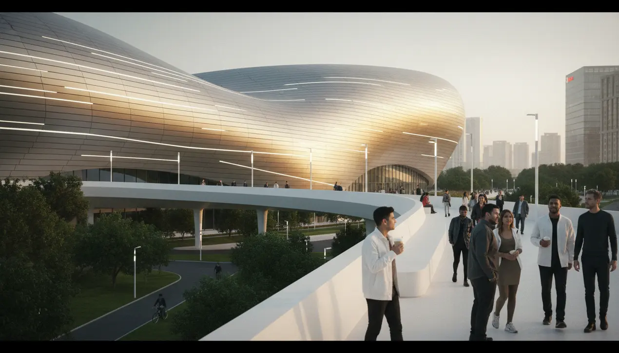 Aluminum panels wrap landscape-inspired undulating facade of sports mall.