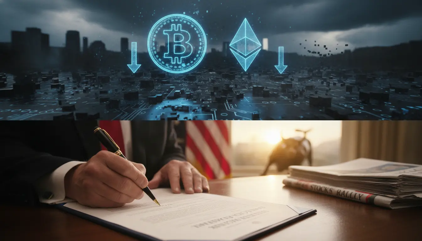 Bitcoin, Ether rutschen nach hawkish-Position der Fed ab, obwohl Trumps unterzeichnetes Iran-Abkommen die Aktien steigen lässt
