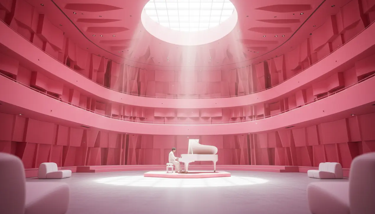 Bright pink interior revitalizes adaptive acoustic music hall in Spain.