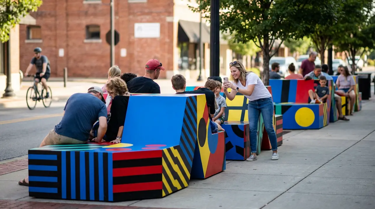 Camille Walala instala bancos esculturais coloridos no Arkansas.