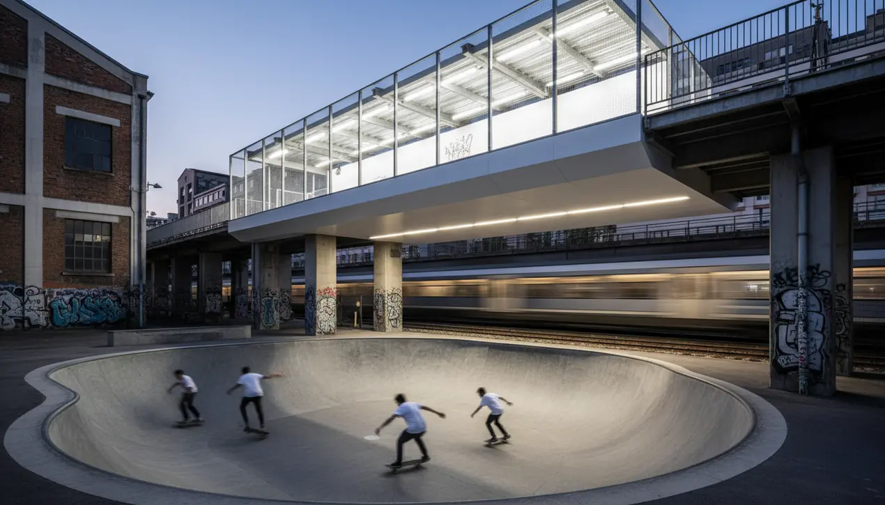 Cantilever sports court crowns urban skatepark bowl along railway in France.