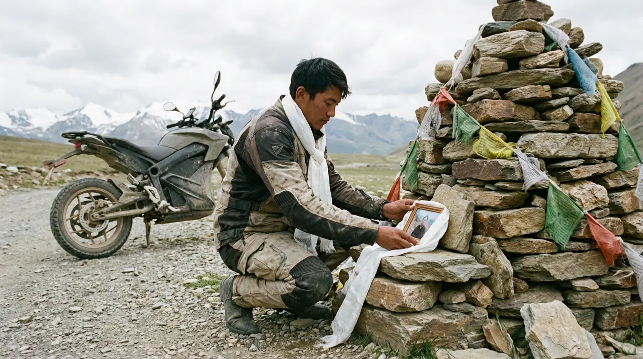 Motorcyclist honors deceased son at Tibet's sacred stone for mother.