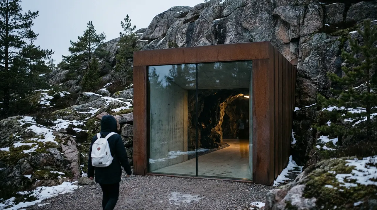 Mountain chamber entrance to rock cavern in Sweden by Erdegard Arkitekter.