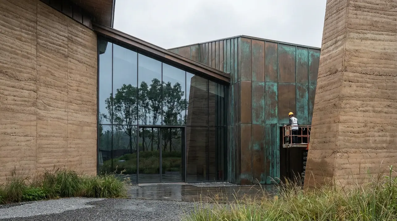 OPEN's Shede Culture Museum shaped from rammed-earth, glass and bronze
