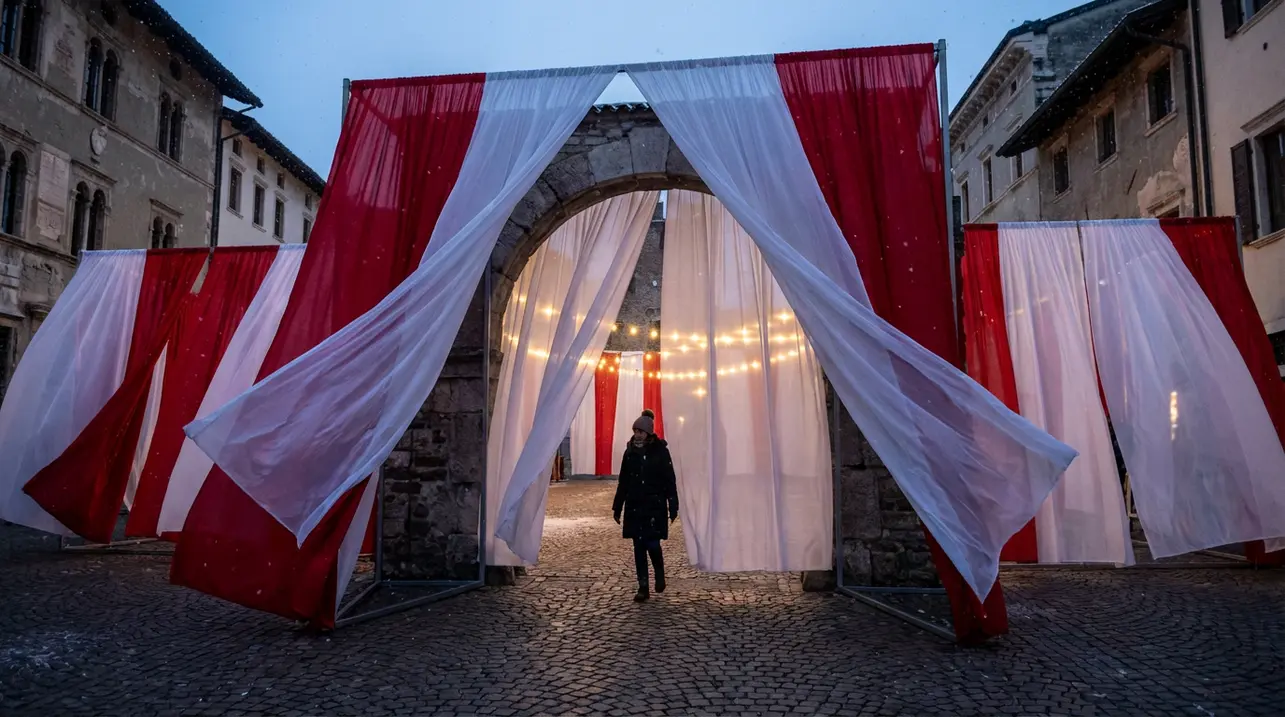 红白帷幔在捷克历史中心打造圣诞艺术装置