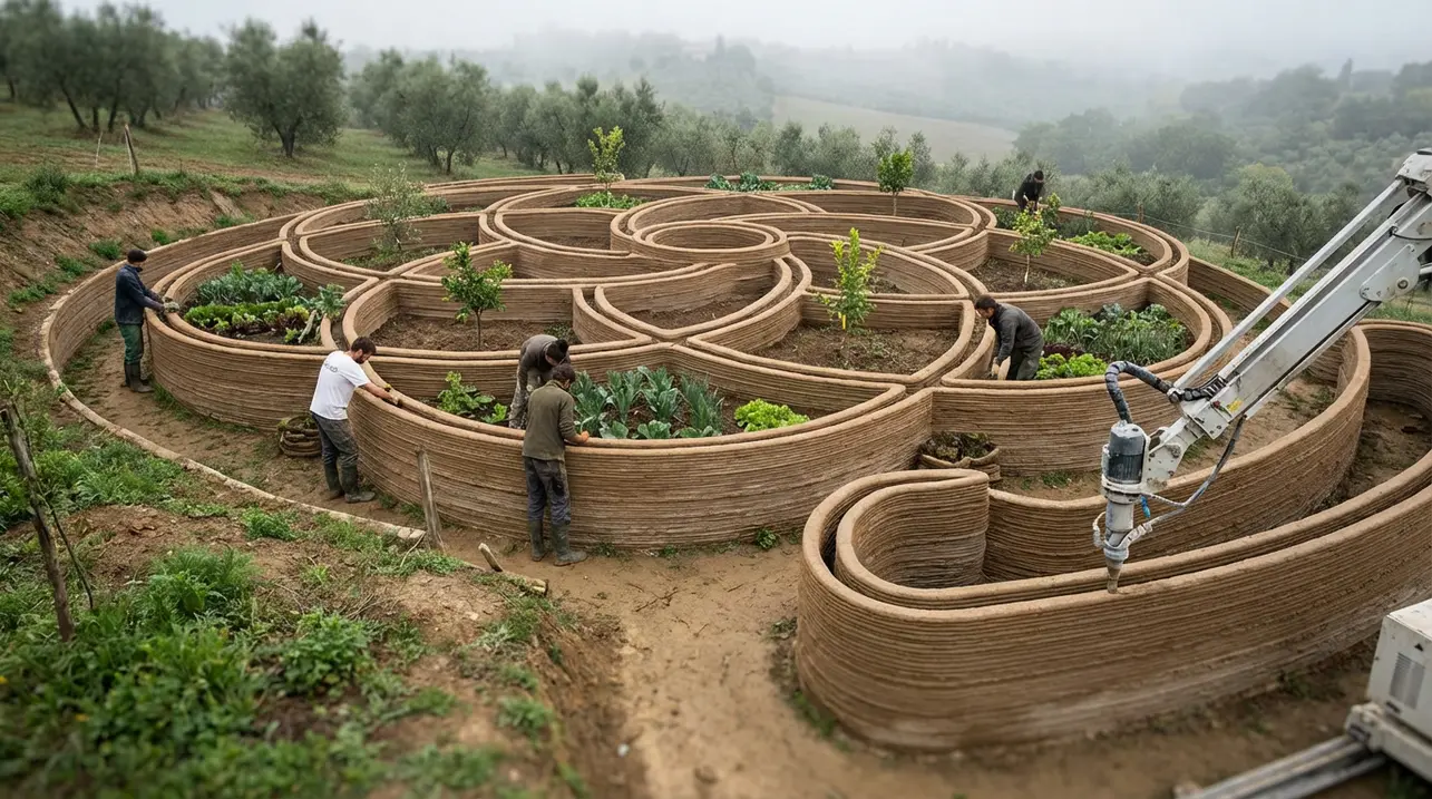 Self-sufficient 3D printed farm with mandala geometry built in Italy.