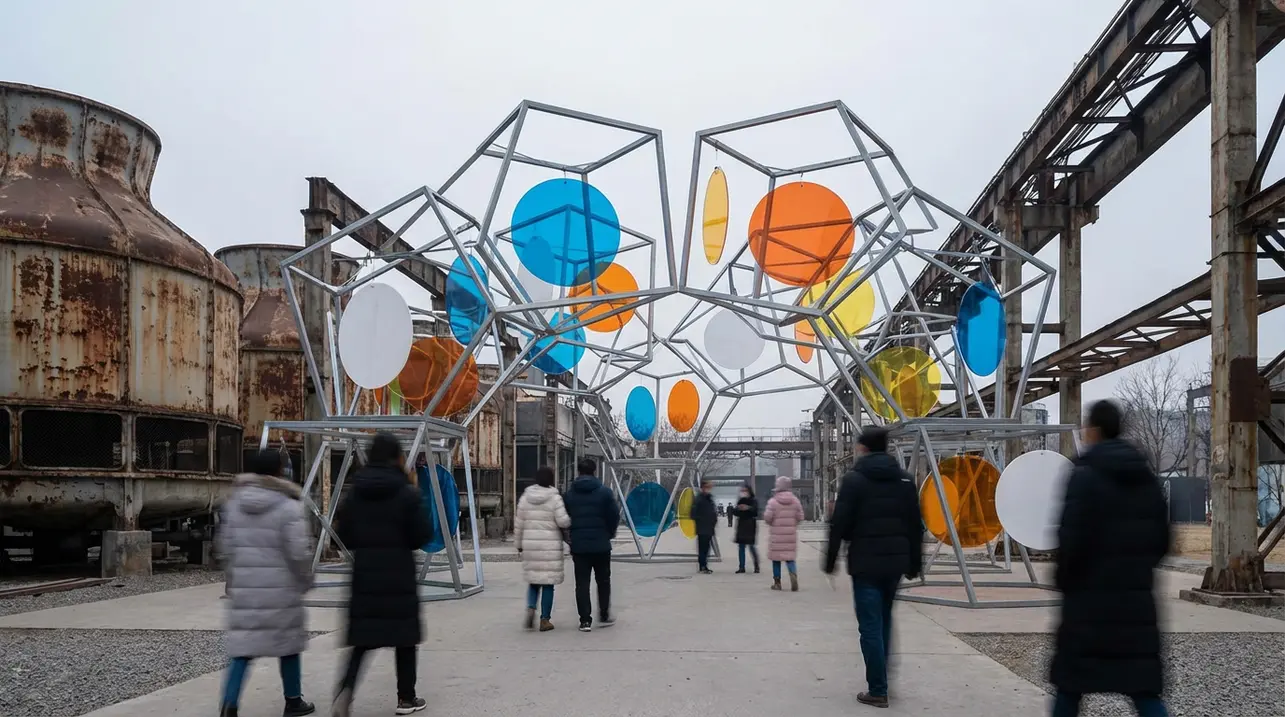 Suspended colored discs move through folded installation in Beijing.